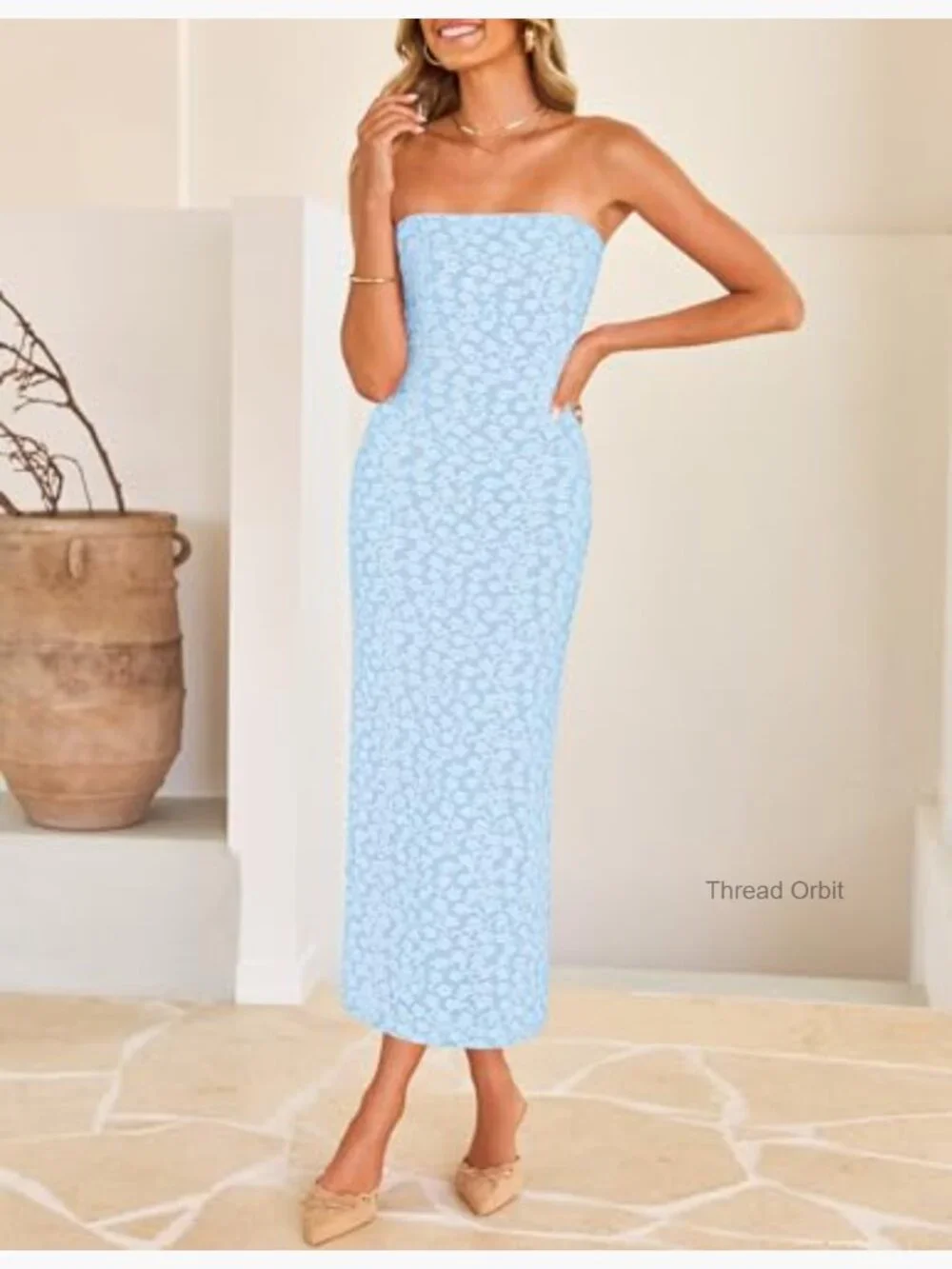 Strapless Floral Bodycon Midi Dress Sleeveless Wedding Guest_4